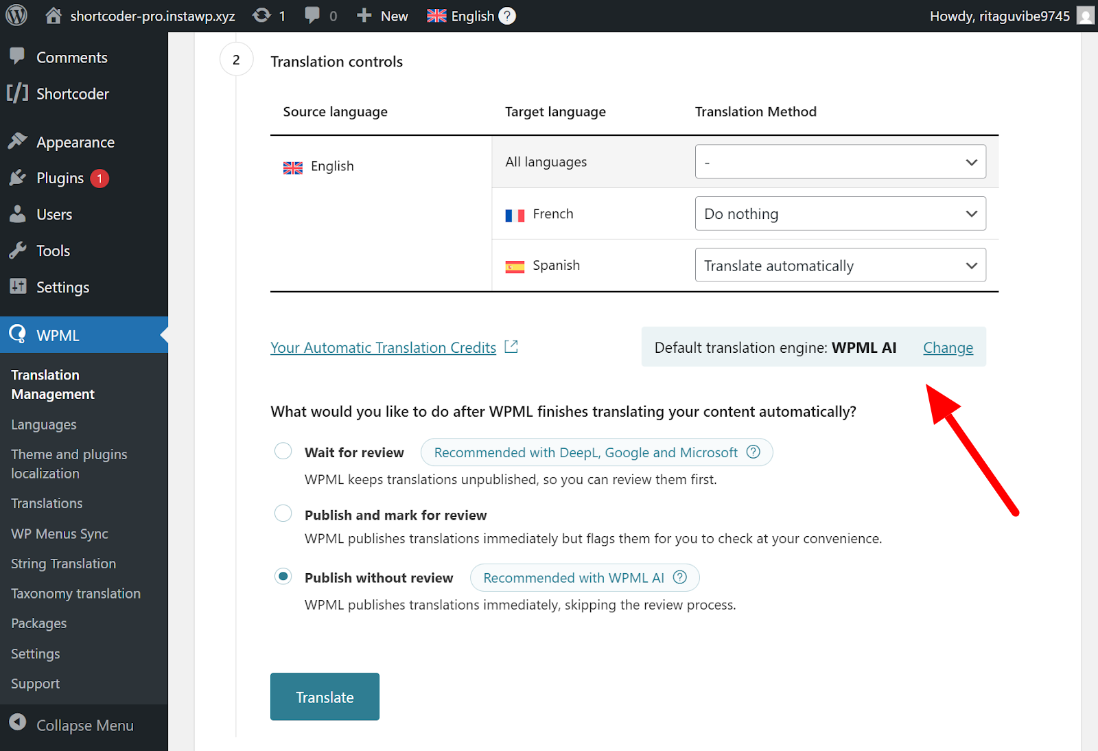 Automatic translation interface